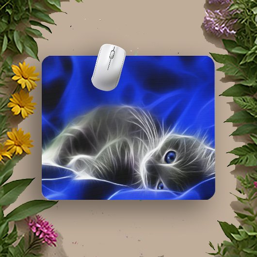 Electric Blue Glowing Cat Abstract Muismat
