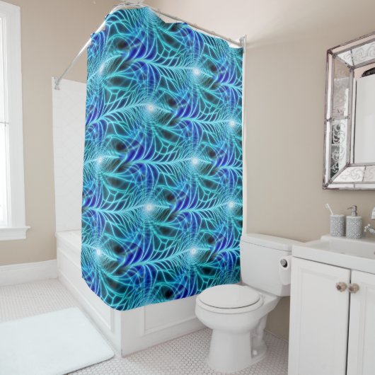 Electric Blue Luminous Fractal Repeating Pattern Douchegordijn (In situ)