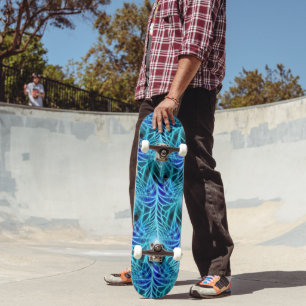 Electric Blue Neon Fractal Repetting Pattern Skateboard