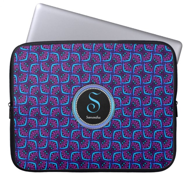 Electric Blue Pink Pattern Monogram Notitieboek Laptop Sleeve (Voorkant)