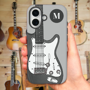 Electric Guitar Grey Zwart Wit Monogram Initiaal iPhone 16 Hoesje