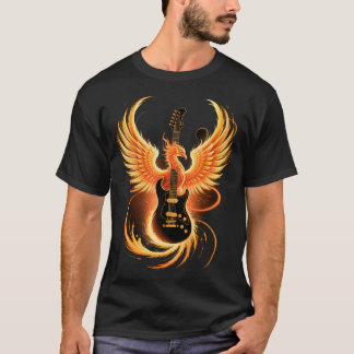 Electric Guitar With Fiery Winged Silhouette In Bl T-shirt