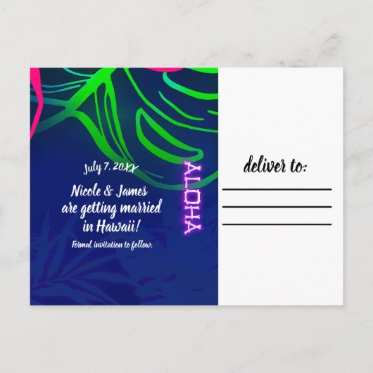 Electric Luau Tropical Night Neon Aloha Save Datum Aankondigingskaart (Achterkant)