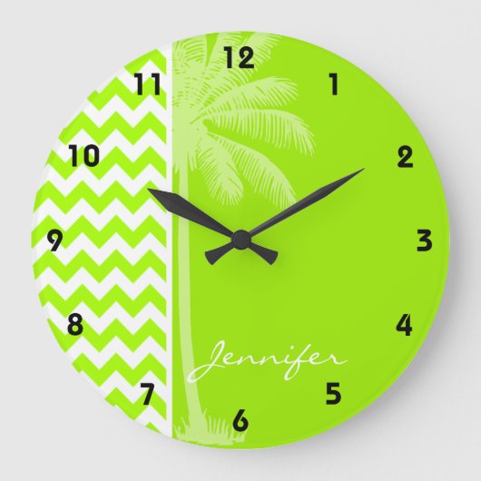 Electric Neon Lime Green Chevron; Tropische palm Grote Klok (Voorkant)