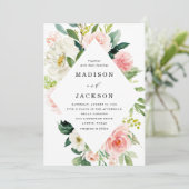 Elegan Blush Roze en Wit Bloemen Lijst Bruiloft Kaart (Staand voorkant)