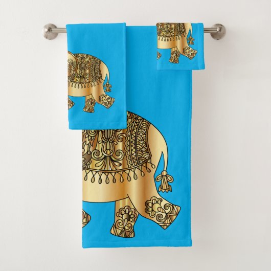 Elegan Gold Paisley Elephant Blue Bad Handdoek (Insitu)