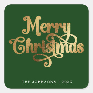 Elegan Groen & Goud Vrolijk Kerstscript Custom Vierkante Sticker