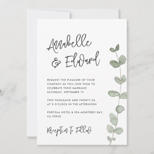 Elegan Mariage eucalyptus détails, invitation chic (Devant)