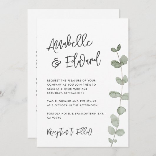 Elegan Mariage eucalyptus détails, invitation chic (Devant / Derrière)