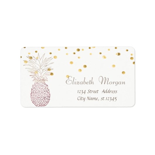 Elegan Pineapple White, Fux Gold Foil Confetti Etiket (Voorkant)