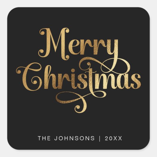 Elegan Zwart & Goud Vrolijk Kerstscript Custom Vierkante Sticker (Voorkant)