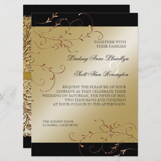 Elégance Cravate Noire, Invitations Mariage Doré (Devant / Derrière)