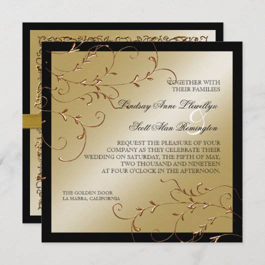 Elégance Cravate Noire, Invitations Mariage Doré (Devant / Derrière)