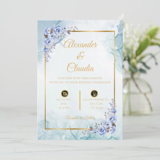 Elégance en bleu : Faire-part de mariage avec marb (Debout devant)