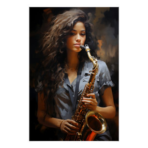 Elegance in Oil: Dynamic Saxophonist Perfect Poster