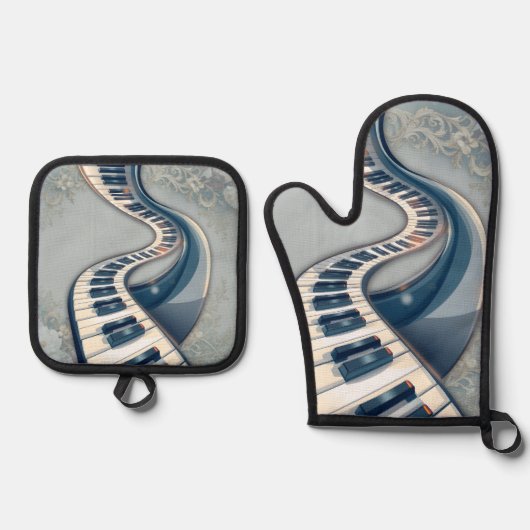 Elegance in piano keys and blossoms. ovenwant & pannenlap set (Voorkant)