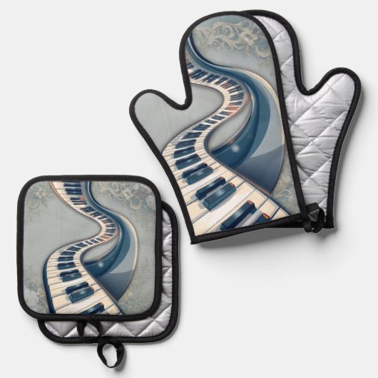 Elegance in piano keys and blossoms. ovenwant & pannenlap set (Voorkant / Achterkant)