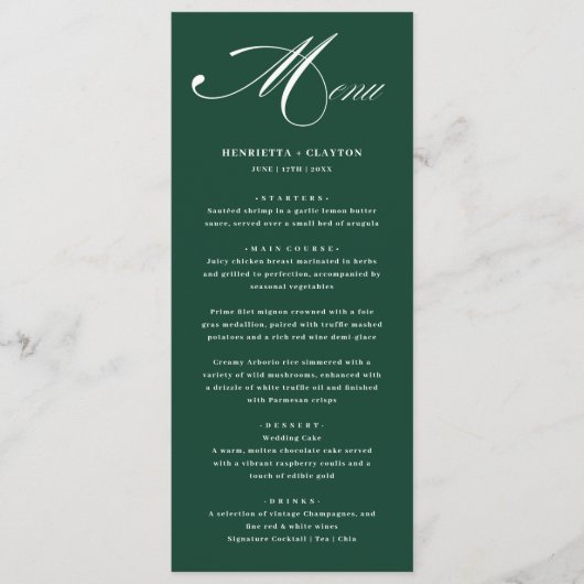 Élégance intemporelle Emerald Green Mariage Menu (Devant)