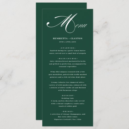 Élégance intemporelle Emerald Green Mariage Menu (Devant / Derrière)