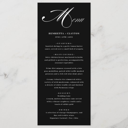 Elégance intemporelle Mariage noir et blanc Menu (Devant)