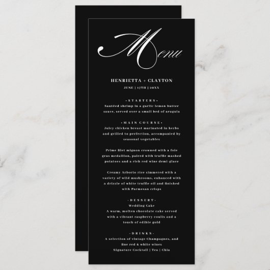 Elégance intemporelle Mariage noir et blanc Menu (Devant / Derrière)
