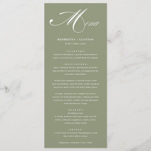 Élégance intemporelle Sage Vert Mariage Menu (Devant)