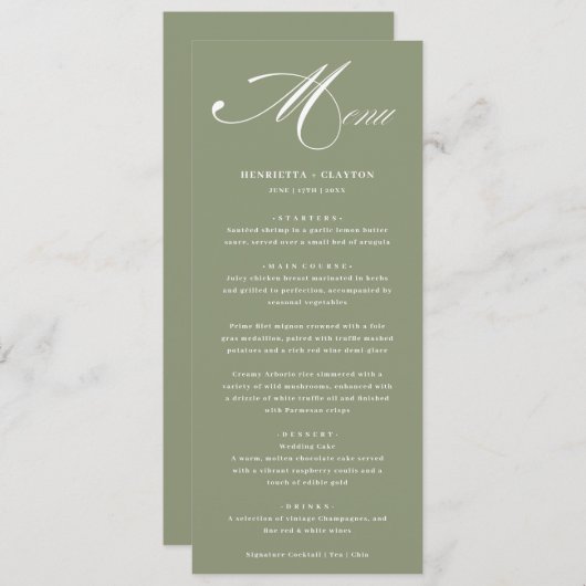 Élégance intemporelle Sage Vert Mariage Menu (Devant / Derrière)