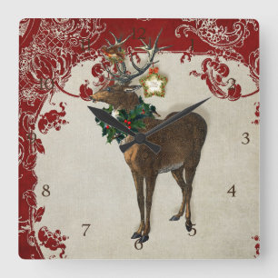  Elegance Kerstmis Deer Antlers Damask Vierkante Klok