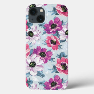 Elegance kleurenbloemen patroon op blauw iPhone 13 hoesje