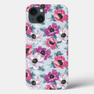 Elegance kleurenbloemen patroon op blauw iPhone 13 hoesje