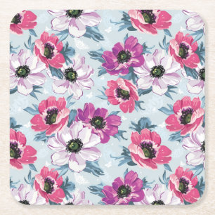 Elegance kleurenbloemen patroon op blauw vierkante kartonnen onderzetter