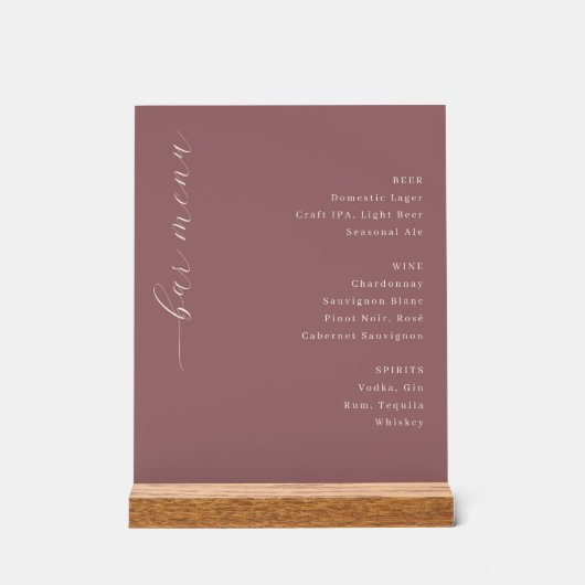 Elegance Maroon Calligraphy Bar Menu Acryl Bord (Voorkant)