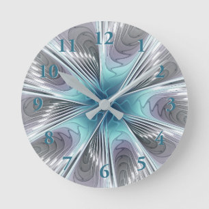 Elegance Modern Blue Grey White Fractal Art Flower Ronde Klok