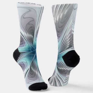 Elegance Modern Blue Grey White Fractal Art Flower Sokken