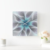 Elegance Modern Blue Grey White Fractal Art Flower Vierkante Klok (Huis)