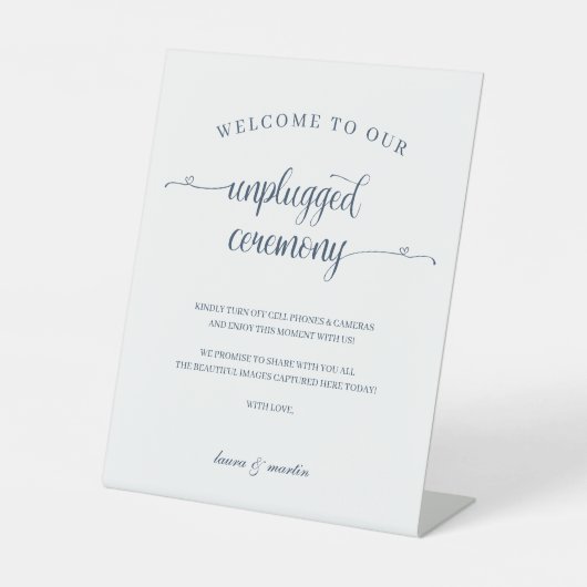 Elegance Navy Heart Script Unplugged Ceremony Reclamebord Met Voetstuk (Voorkant)