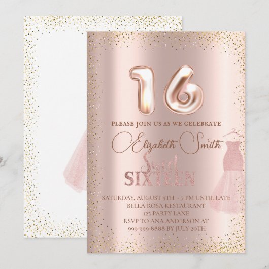 Elégance or rose, invitation sweet sixteen (Devant / Derrière)