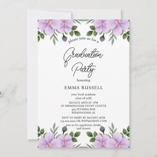 Élégance Purple Floral Graduation Party Invitation (Devant)