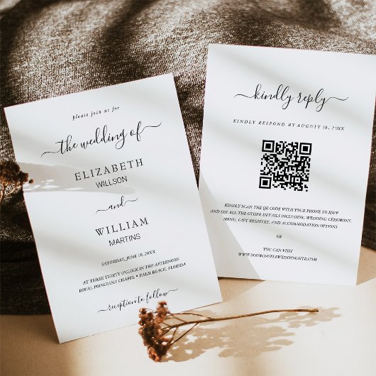 Elegance QR Code RSVP Calligraphy Script Weduwen Kaart
