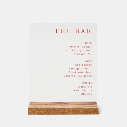 Elegance Red Text Bar Menu Acryl Bord (Voorkant)