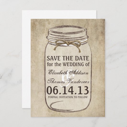 Elegance Twine Mason Jar Save the Date Aankondigingskaart (Voorkant / Achterkant)