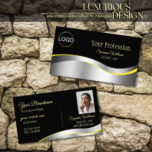 Elegance Zwart Wavy Zilveren Decor met Logo Foto Visitekaartje