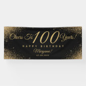 Elegant 100 Verjaardagsfeestje Zwart Goud Naam Scr Spandoek (Horizontaal)