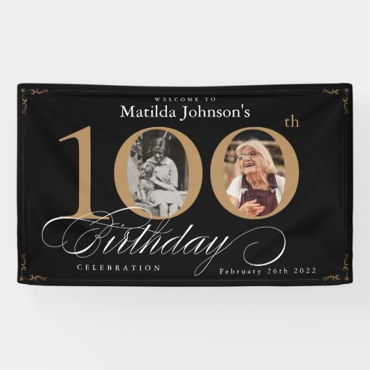 Elegant 100th Birthday  Custom Photo Party Spandoek (Horizontaal)
