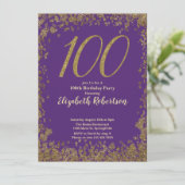 Elegant 100th Purple Birthday Invitation Gold Kaart (Staand voorkant)