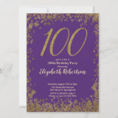 Elegant 100th Purple Birthday Invitation Gold Kaart (Voorkant)