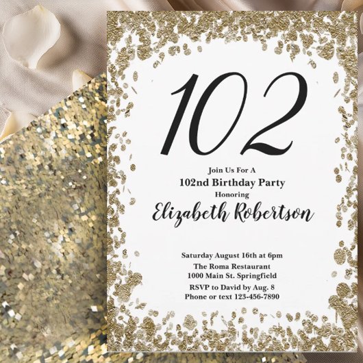 Elegant 102nd Birthday Invitation For Her in Gold
