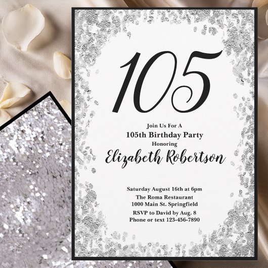 Elegant 105th Birthday Invitation Silver and Black