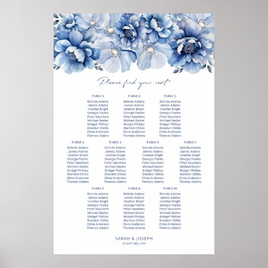 Elegant 10 Tafel Blauw Bloemen Trouwstoel Grafiek Poster (Voorkant)