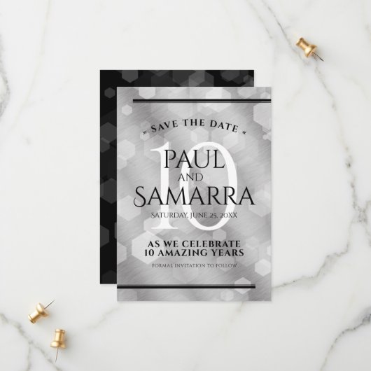 Elegant 10th Tin Wedding Jubileum Celebration Save The Date (Voorkant / Achterkant in situ)